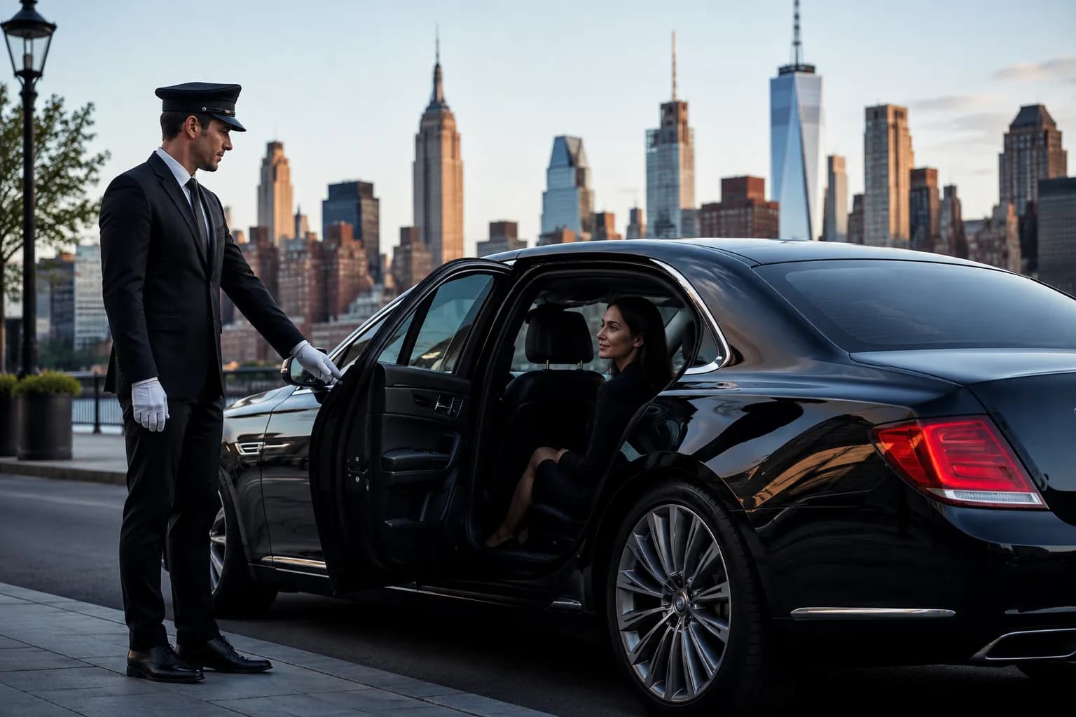 White gloved chauffeur opening the sedan door with the Manhattan skyline behind
