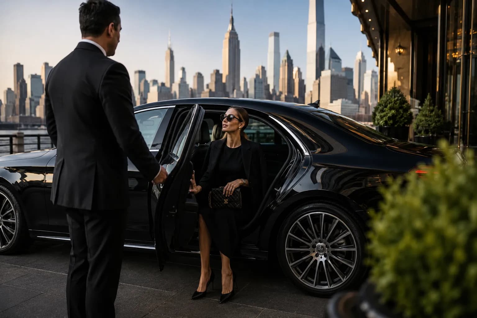 Client stepping out of a chauffeured S-Class at a Manhattan hotel entrance