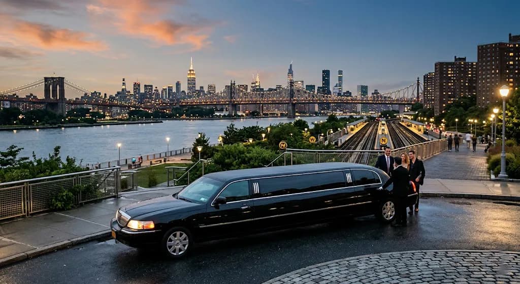 Black stretch limousine parked above the East River with the Midtown skyline at dusk
