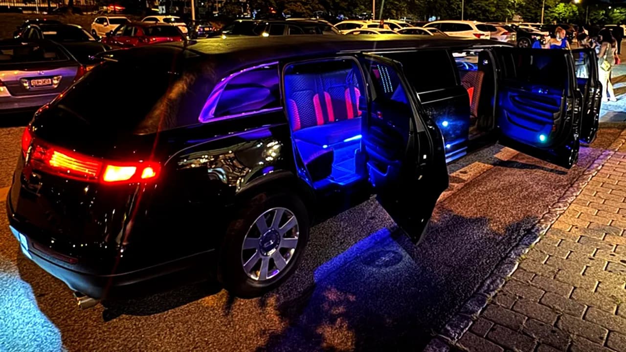 Black stretch limousine at night with doors open showing the LED-lit interior