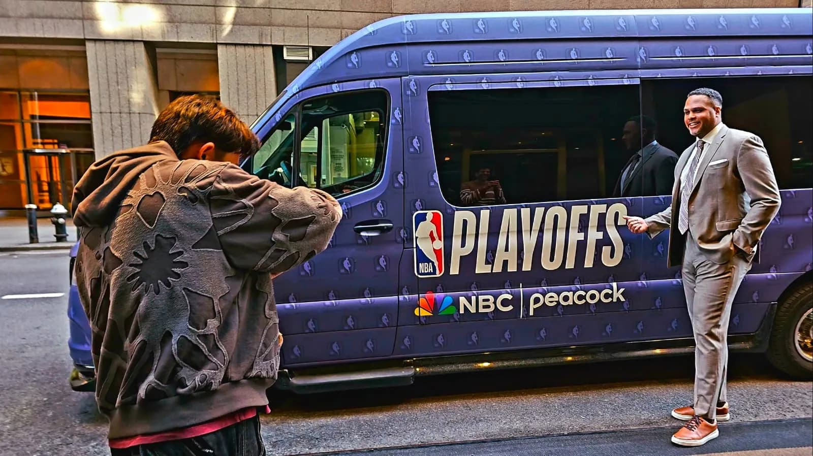 Branded NBA Playoffs Mercedes Sprinter van providing major-event transportation in Manhattan.