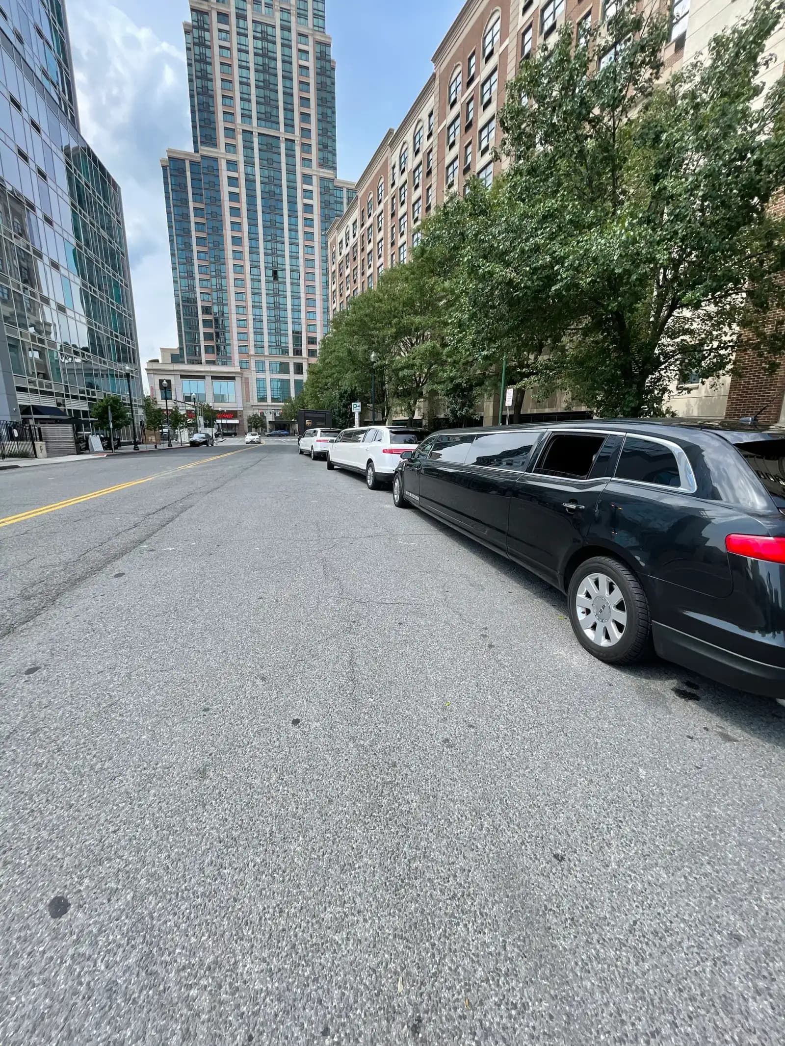 Black and white stretch limousines parked in a row on a city street