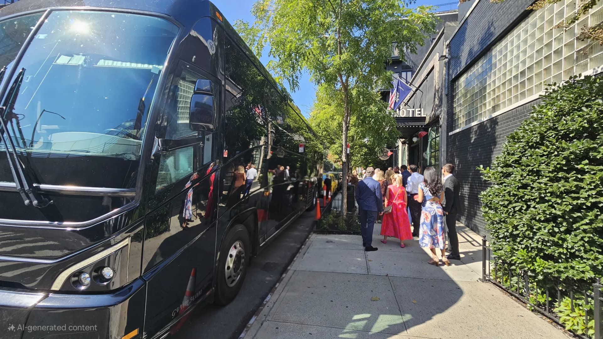 Wedding guests boarding a 56-passenger charter bus outside a Manhattan hotel for group transportation.