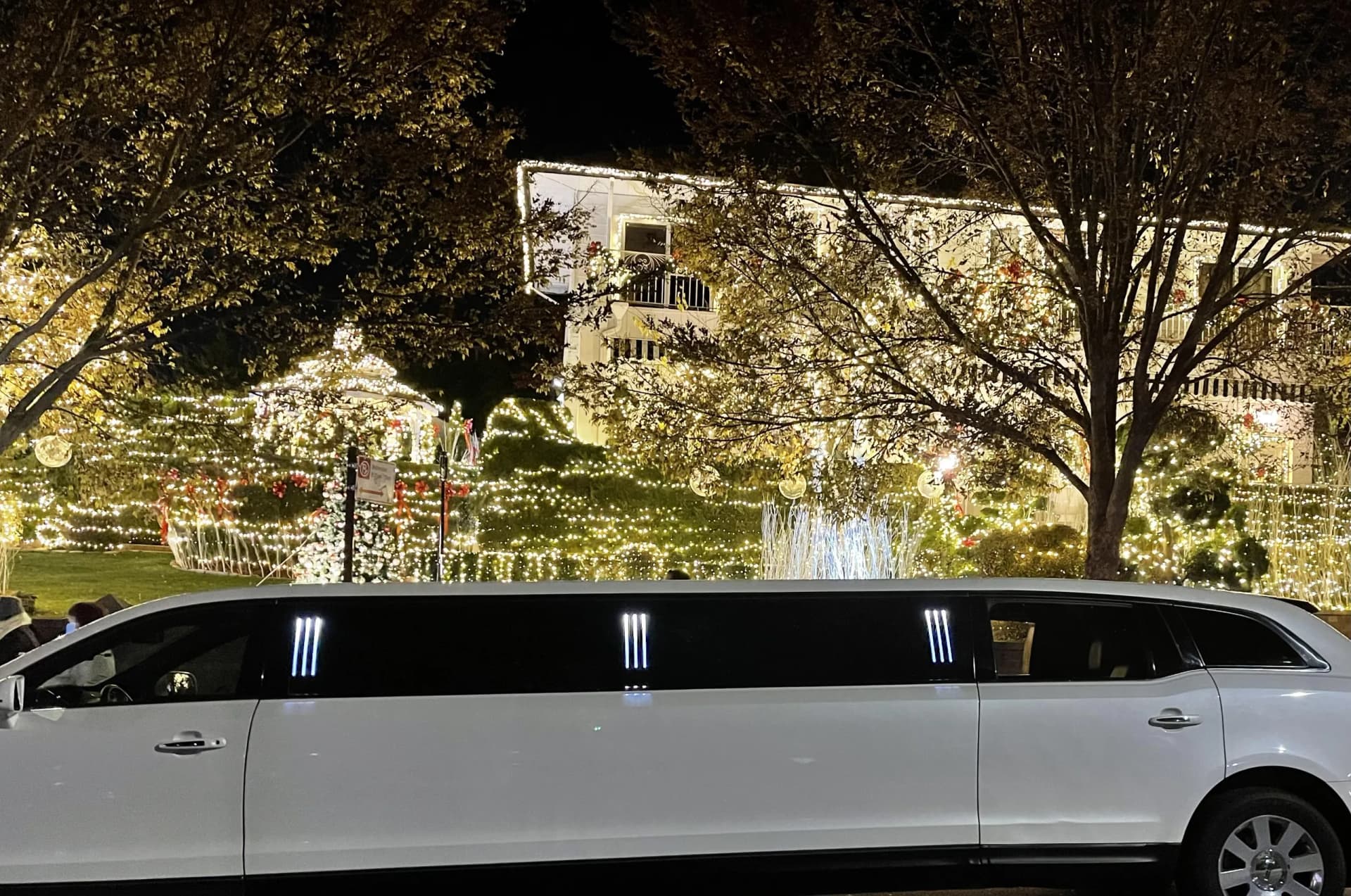 White stretch limousine passing the Christmas light displays