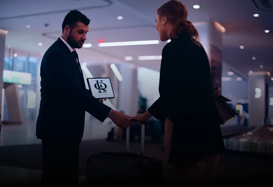 Chauffeur meeting a traveller with a King & Queen tablet sign in an airport terminal