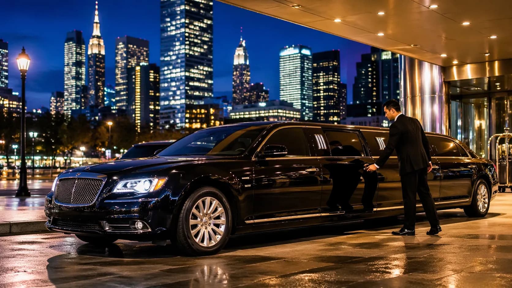Chauffeur opening the door of a black stretch limousine at night with the NYC skyline behind