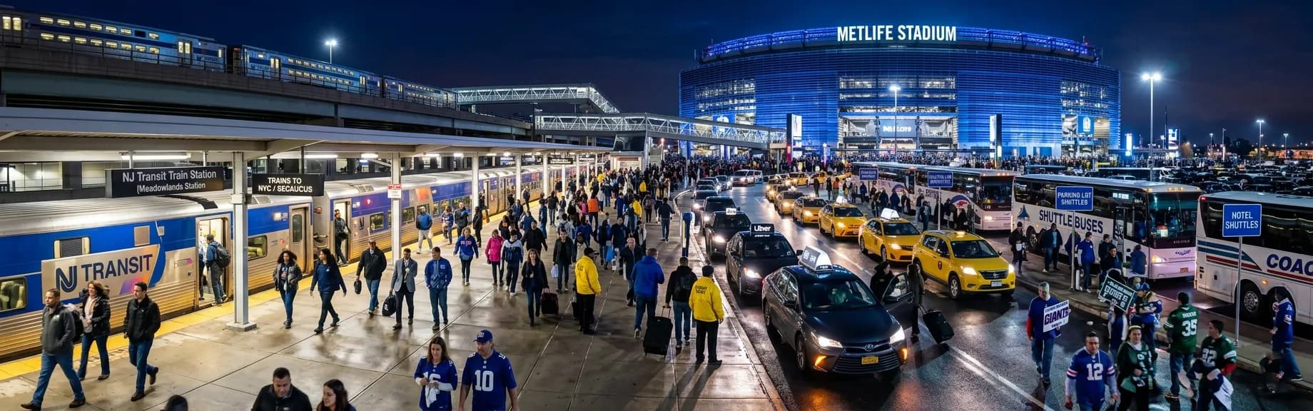 Game night crowds and traffic outside MetLife Stadium at night
