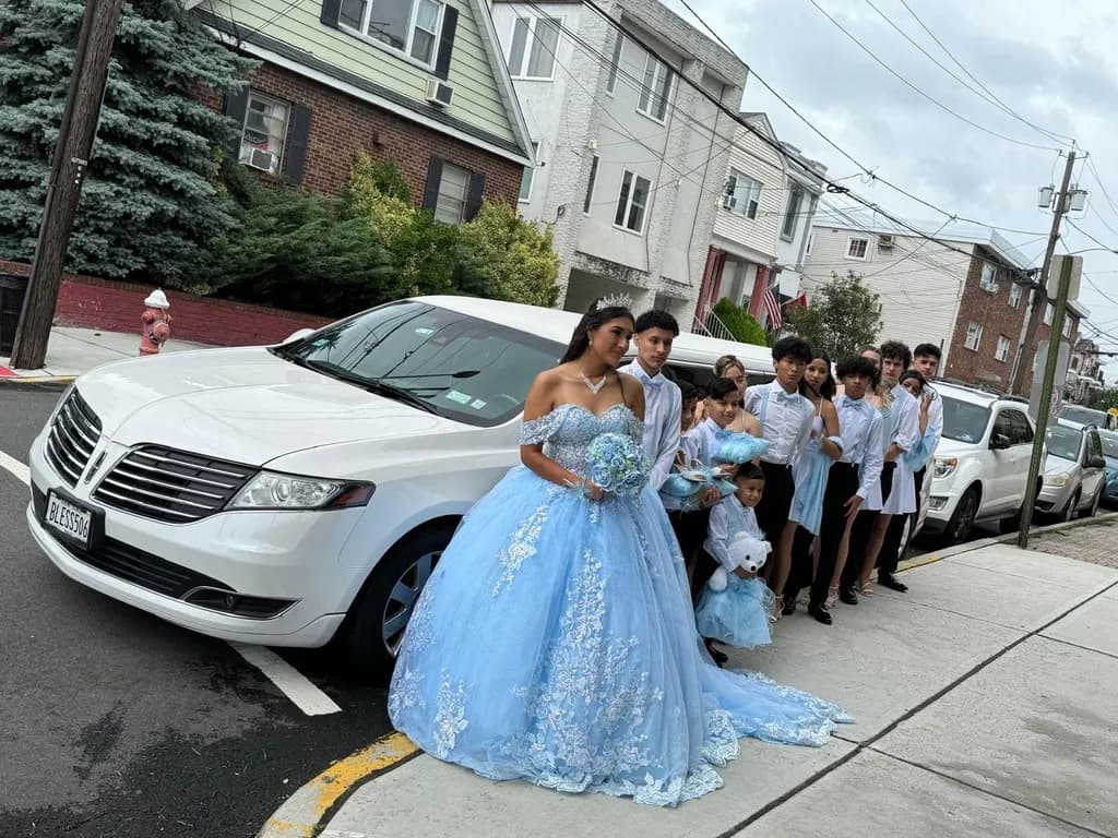 Quinceanera and her court lined up beside a white Lincoln stretch limousine