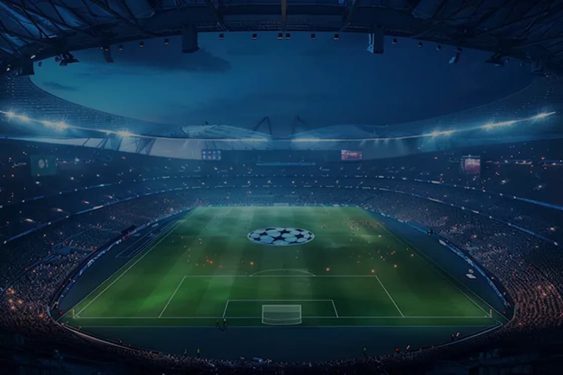 Floodlit soccer stadium packed for a night match