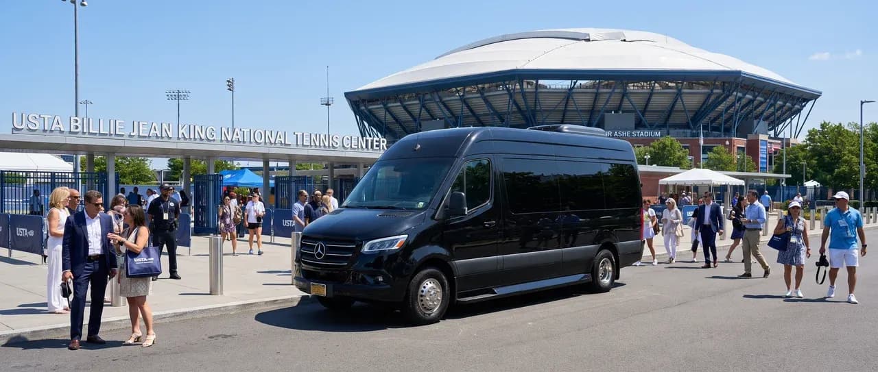 Black Mercedes Sprinter van outside the USTA Billie Jean King National Tennis Center