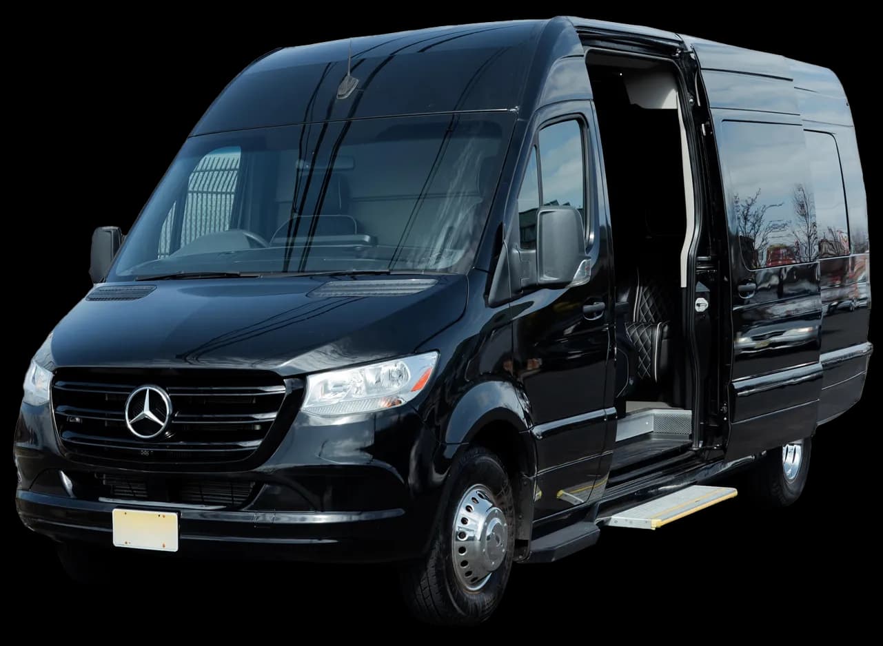 Black Mercedes Sprinter jet van with the door open showing quilted leather seating