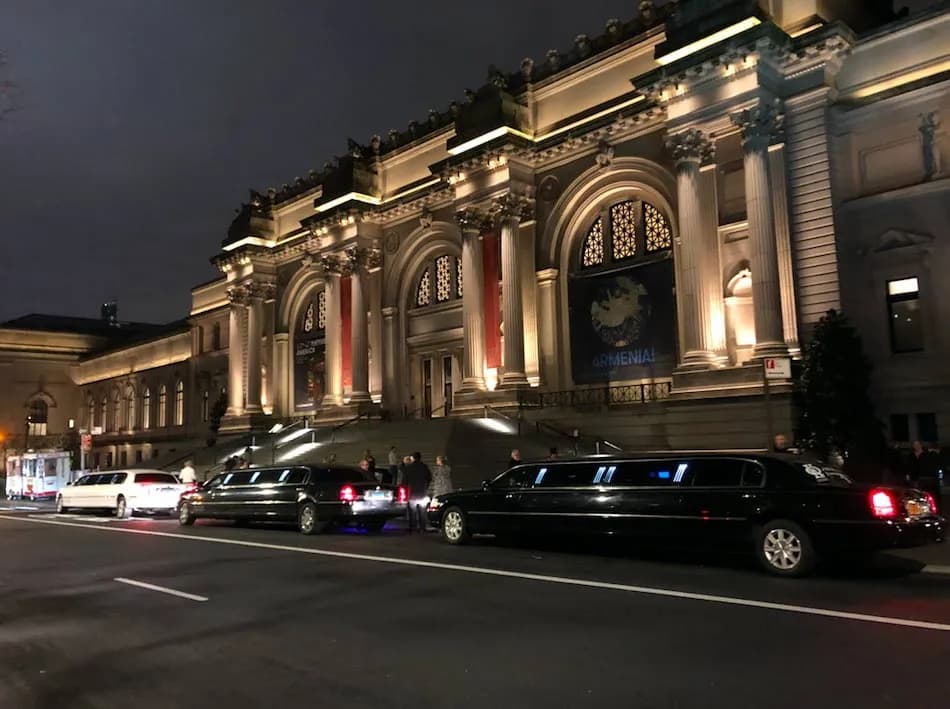 Stretch limousines lined up outside the Met Museum at night