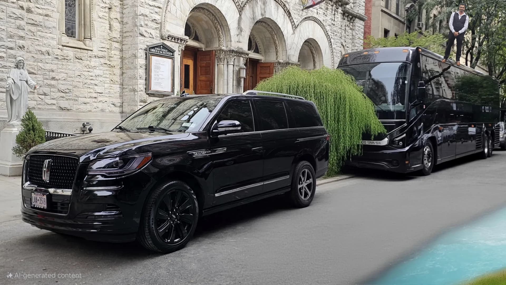 Black Lincoln Navigator parked ahead of a coach bus by a stone church