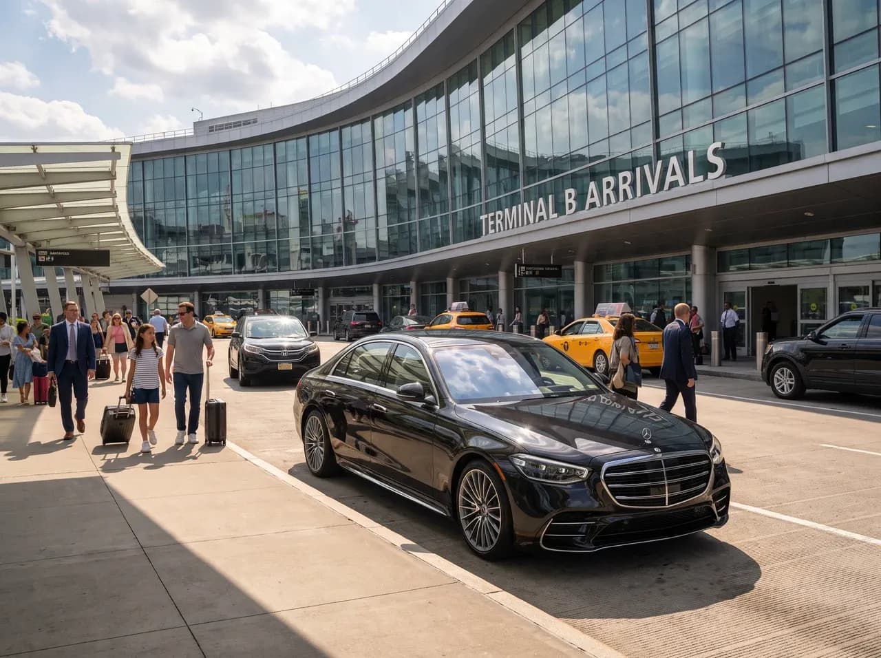 Black Mercedes S-Class at the LaGuardia Terminal B arrivals curb