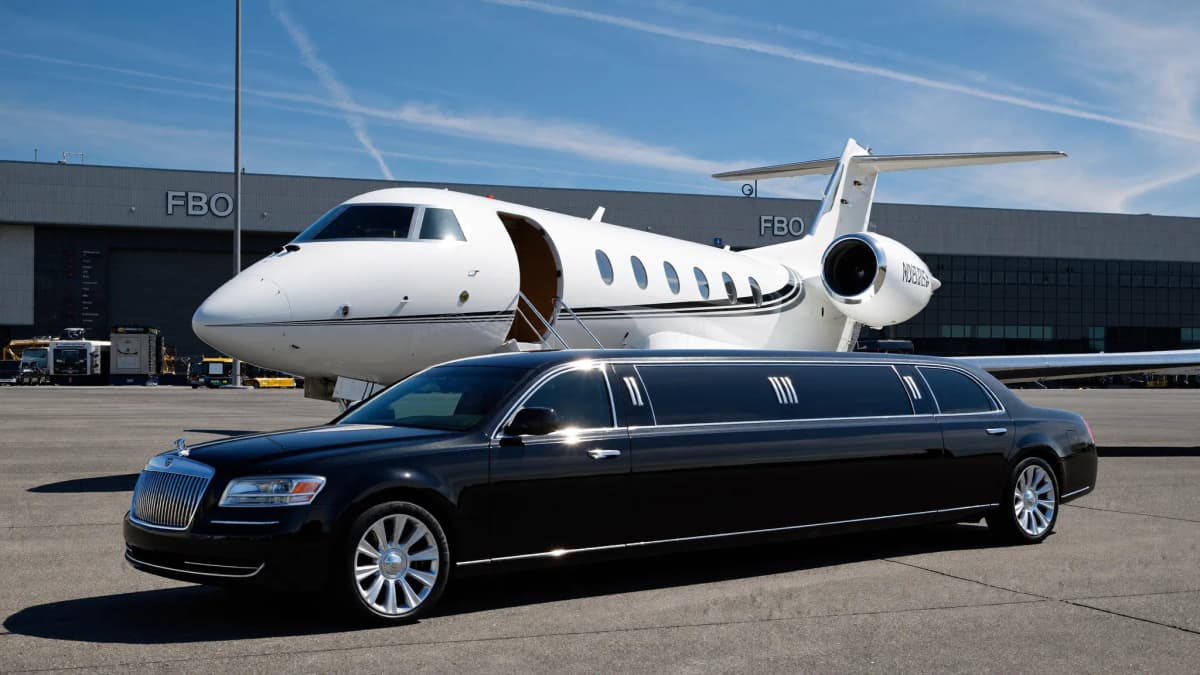 Black stretch limousine beside a private jet at the Teterboro FBO