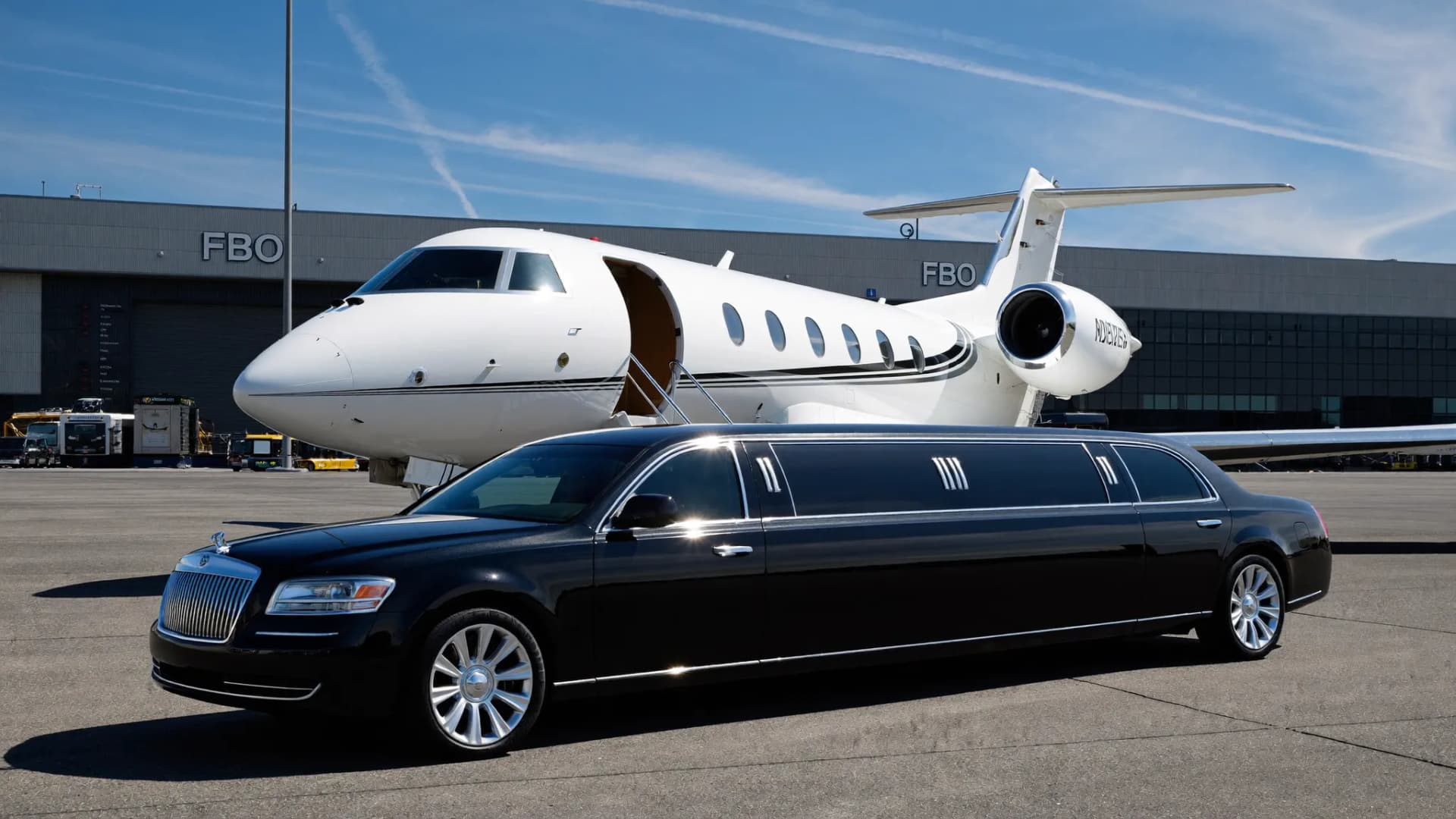 Black stretch limousine beside a private jet at the Teterboro FBO